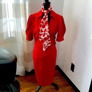 Badgley Mischka faux wrap red career dress